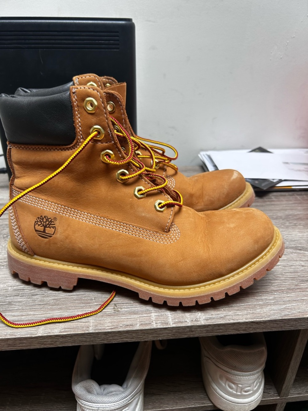Timberland Wheat and Black Leather Work Boots with Yellow-Red Laces